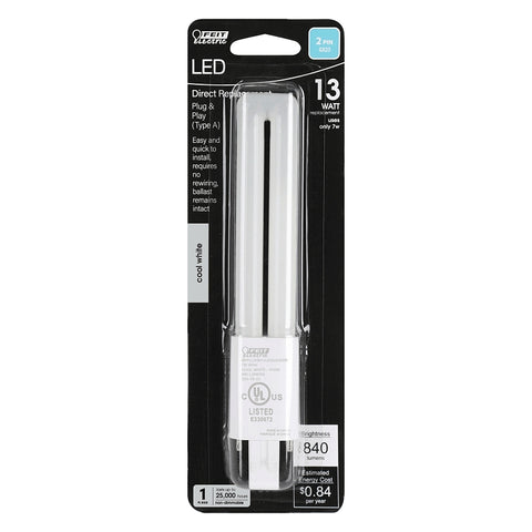 Feit Electric BPPL13/841/LEDG2HDRP Replacement LED Bulb, PL Lamp, 13 W Equivalent, GX23 Lamp Base, White, Cool White