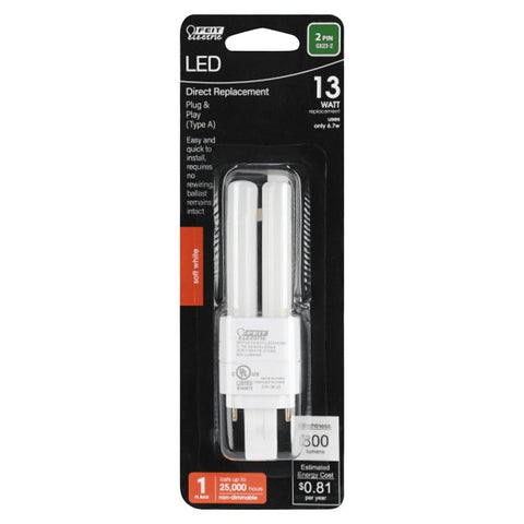 Feit Electric BPPLD13827LDHDR LED Light Bulb, PL Lamp, 13 W Equivalent, GX23-2 Lamp Base, Non-Dimmable, White