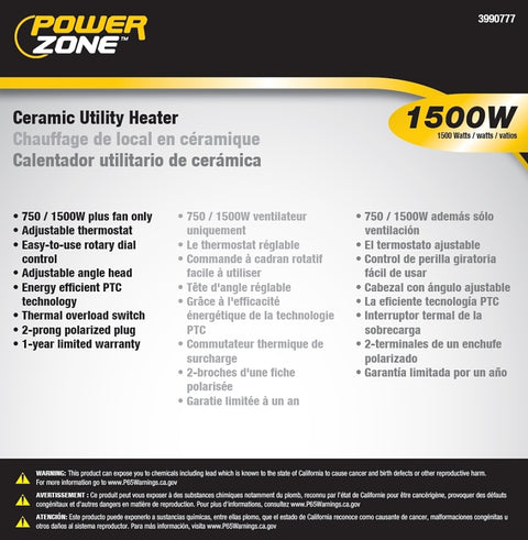 PowerZone BNT-15B2 Ceramic Utility Heater, 12.5 A, 120 V, 750/1500 W, 2-Heat Setting, Grey