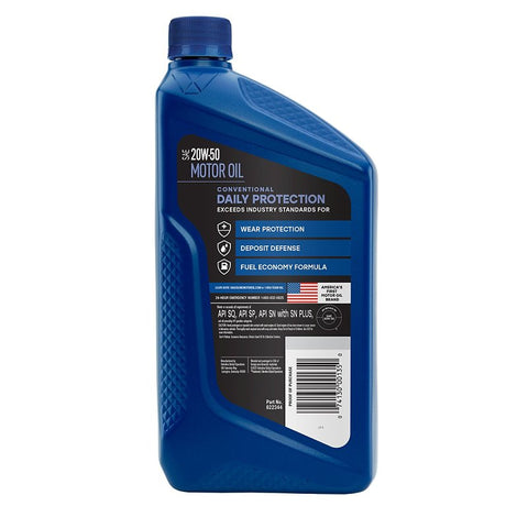 Valvoline Daily Protection 822344 Synthetic Blend Motor Oil, 20W-50, 1 qt Bottle, Pack of 6
