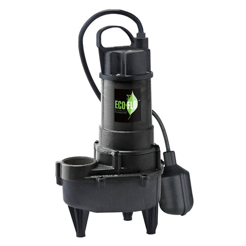 Eco-Flo RSE50W Sewage Pump, 115 V, 1/2 hp, 2 in Outlet, 5700 gph, Cast Iron/Thermoplastic
