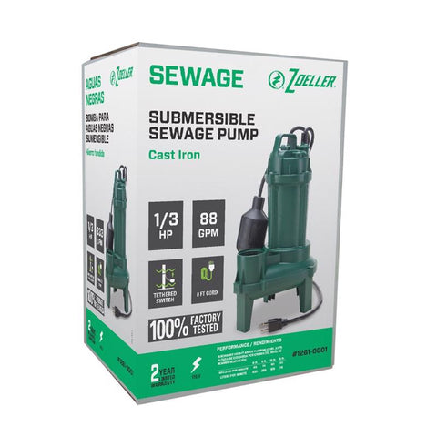 Zoeller 1/3 HP 5280 gph Cast Iron Tethered Float Switch Sewage Pump