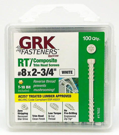 GRK Fasteners RT Series 17632 Screw, #8 Thread, 2-3/4 in L, Reverse Thread, Trim Head, Star Drive, Steel, 100 PK