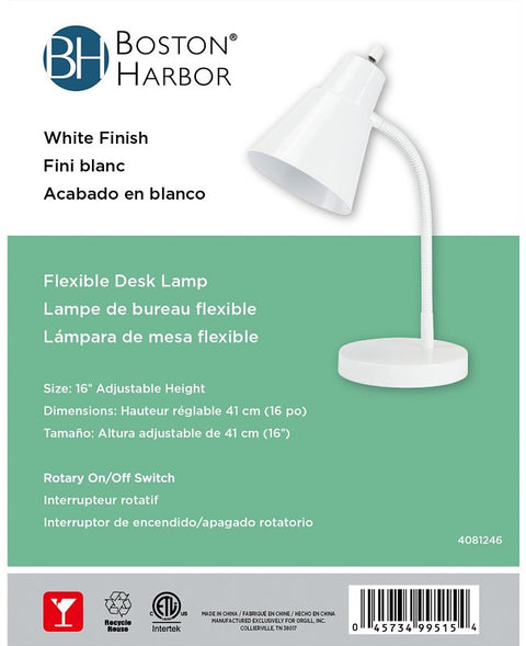 Boston Harbor TL-TB-170-WH-3L Flexible Desk Lamp, 120 V, 60 W, 1-Lamp, CFL Lamp, White Fixture, White