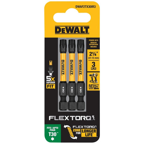 DEWALT FlexTorq DWAF2TX30IR3 Impact Screwdriver Bit, T30 Drive, Torx Drive, 1/4 in Shank, Hex Shank, 2-1/4 in L, Steel