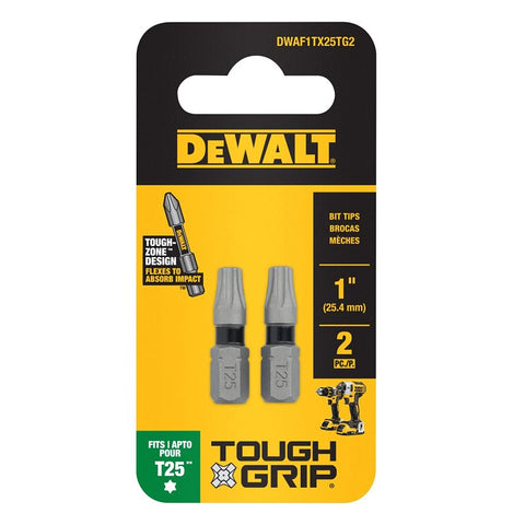 DEWALT TOUGHGRIP DWAF1TX25TG2 Screwdriver Bit, #25 Drive, Torx Drive, 1/4 in Shank, Hex Shank, 1 in L, Steel