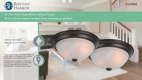 Boston Harbor F51WH02-1006-ORB Flush Mount Ceiling Fixture, 120 V, 60 W, A19 or CFL Lamp, Bronze Fixture, Pack of 2