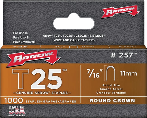 Arrow T25 Series 257 Staple, 5/16 in W Crown, 7/16 in L Leg, Steel, Pack of 5