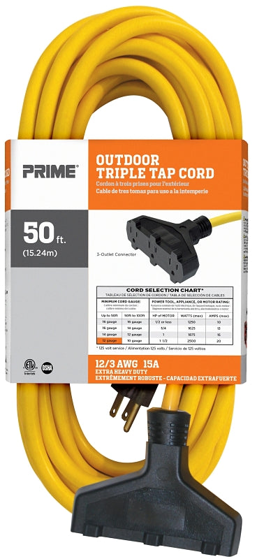 Prime EC600830 Extension Cord, 12 AWG Cable, Plug, 50 ft L, 15 A
