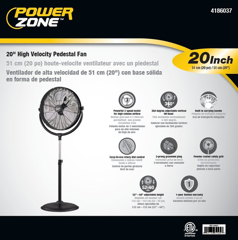 PowerZone FES50-T5 High-Velocity Pedestal Stand Fan, 120 V, 1.25 A, 20 in Dia Blade, 3-Blade, Metal Blade, Black