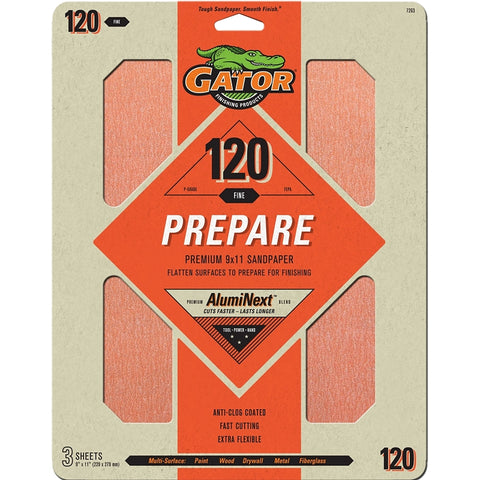 Gator 7263 Sanding Sheet, 11 in L, 9 in W, 120 Grit, Fine, Aluminum Oxide Abrasive