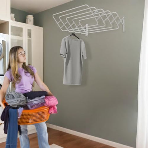 Steel Wall Mount Clothes Drying Rack, White Powder Coated, 9 Rods Expandable, for Laundry, Bathroom, Balcony,Indoor-Outdoor Use, 36 in wide