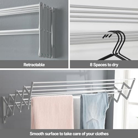 Wall Mount Clothes Drying Rack, Aluminum 8 Rods Expandable Wall Drying Rack for Laundry, Bathroom, Balcony, Indoor-Outdoor Use, 24 in Wide