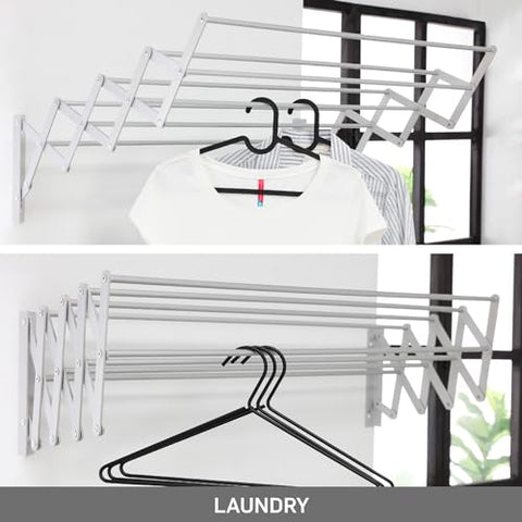 Wall Mount Clothes Drying Rack, Aluminum 8 Rods Expandable Wall Drying Rack for Laundry, Bathroom, Balcony, Indoor-Outdoor Use, 24 in Wide