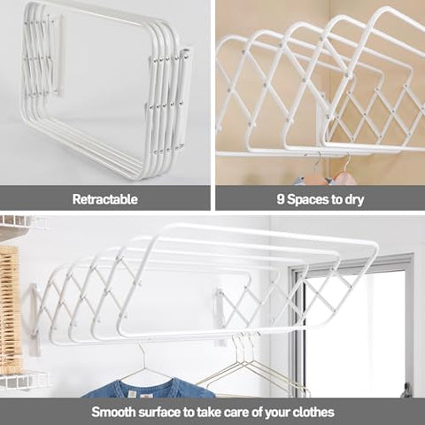 Steel Wall Mount Clothes Drying Rack, White Powder Coated, 9 Rods Expandable, for Laundry, Bathroom, Balcony,Indoor-Outdoor Use, 24 in Wide