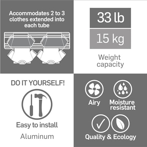 Wall Mount Clothes Drying Rack, Aluminum 8 Rods Expandable Wall Drying Rack for Laundry, Bathroom, Balcony, Indoor-Outdoor Use, 24 in Wide