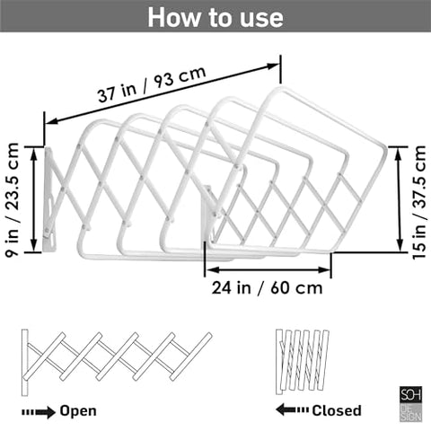 Steel Wall Mount Clothes Drying Rack, White Powder Coated, 9 Rods Expandable, for Laundry, Bathroom, Balcony,Indoor-Outdoor Use, 24 in Wide