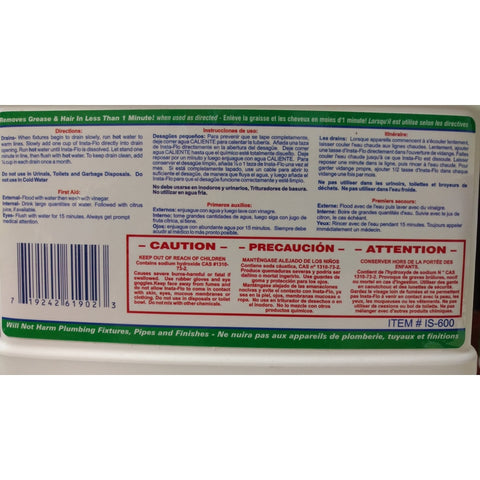 Insta-Flo IS-600 Drain Cleaner, Solid, White, Odorless, 6 lb Bottle, Pack of 4