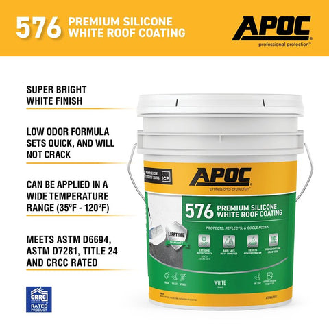 APOC AP-576 Series AP-5765 Premium Silicone Roof Coating, White, 5 gal, Pail, Liquid