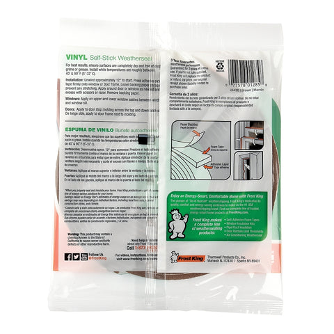 Frost King V443BH Foam Tape, 3/8 in W, 17 ft L, 3/16 in Thick, Vinyl, Brown