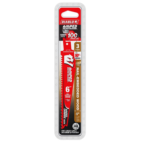 Diablo AMPED Demo Demon DS0606CWSA3 Reciprocating Saw Blade, 6 in L, 5, 7 TPI, Carbide Cutting Edge