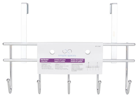 Simple Spaces HK07-CH Door Garment Hook, Each Hook: 4.8 lb, 5-Hook, Steel, Chrome, Hanging Mounting