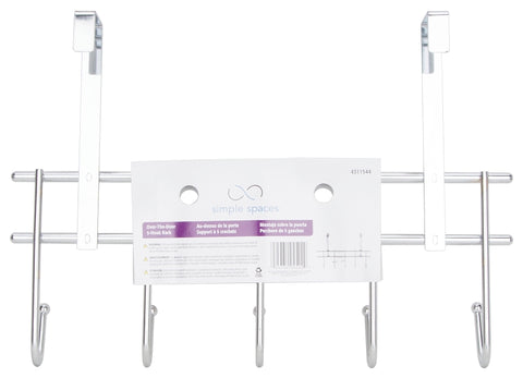 Simple Spaces HK07-CH Door Garment Hook, Each Hook: 4.8 lb, 5-Hook, Steel, Chrome, Hanging Mounting