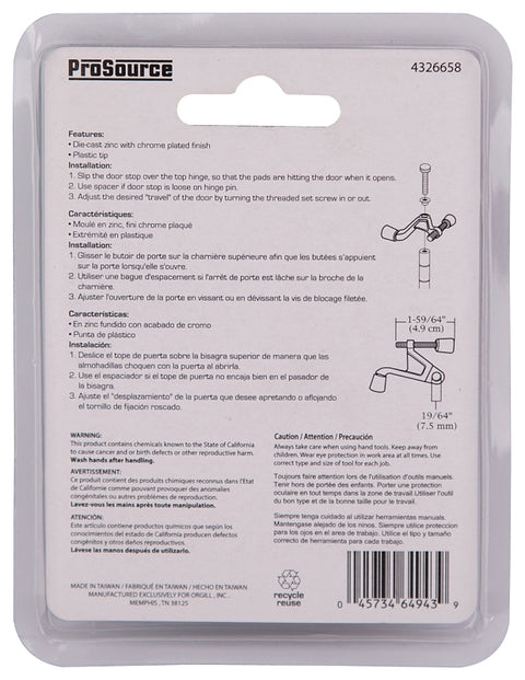 ProSource H20-B032C-PS Heavy-Duty Hinge Pin Door Stop, 2-3/4 in Projection, Die-Cast Zinc & Plastic, Chrome