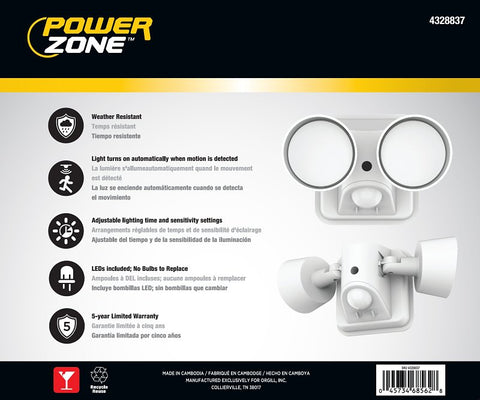 PowerZone CL-SLAM25ACW-2H Motion Activated Security Light, 120 V, 25 W, 2-Lamp, LED Lamp, Daylight Light, 2500 Lumens