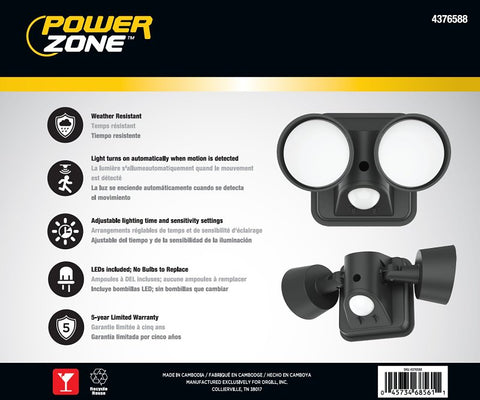 PowerZone CL-SLAM25ACB-2H Motion Activated Security Light, 120 V, 25 W, 2-Lamp, LED Lamp, Daylight Light, 2500 Lumens