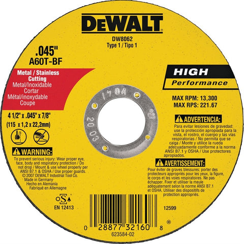 Dewalt DW8062 Type 1 High Performance Reinforced Cut-Off Wheel, 4-1/2 in Dia x 0.045 in T