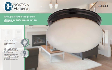 Boston Harbor F14BB02-8005-ORB Two Light Round Ceiling Fixture, 120 V, 60 W, 2-Lamp, A19 or CFL Lamp, Bronze Fixture