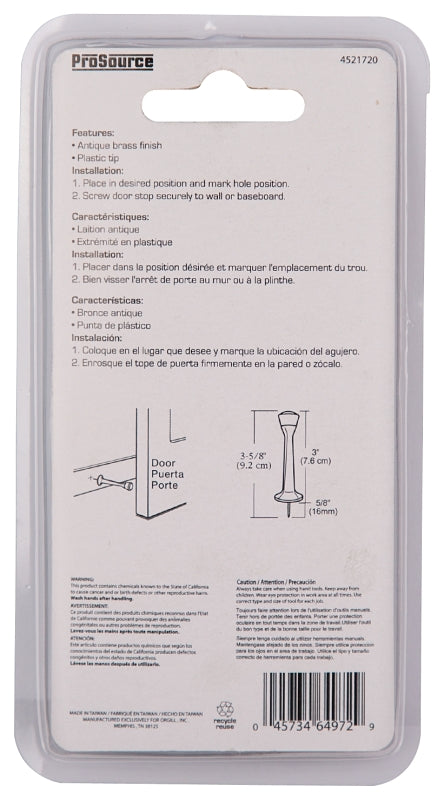 ProSource CL-208C-AB-PS Heavy-Duty Rigid Door Stop, 1 in Dia Base, 3 in Projection, Die-Cast Zinc & Plastic
