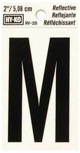 Hy-Ko RV-25/M Reflective Letter, 1-1/2 in W x 3 in H Dimensions, Character: M, 2 in H Character, Black Character, Vinyl, Pack of 10