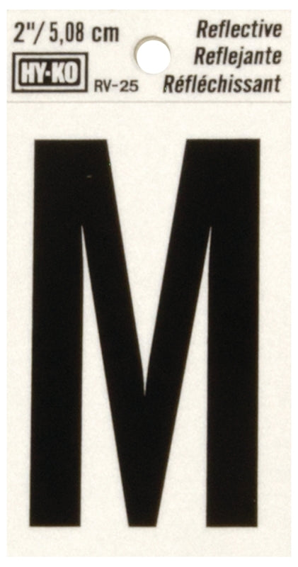 Hy-Ko RV-25/M Reflective Letter, 1-1/2 in W x 3 in H Dimensions, Character: M, 2 in H Character, Black Character, Vinyl, Pack of 10