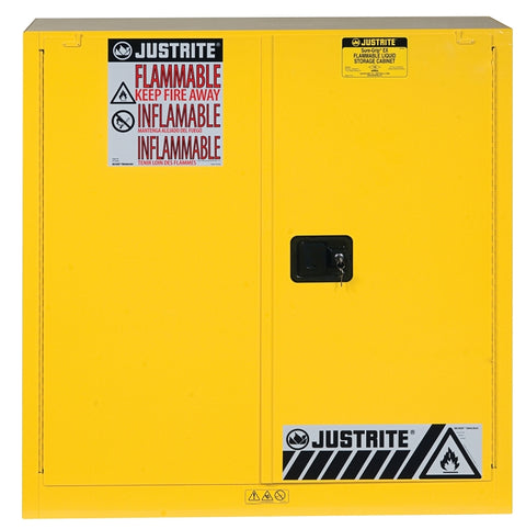 Justrite 893020 Safety Cabinet, Self-Close Door, 30 gal, 43 in OAW, 44 in OAH, 18 in OAD, 1-Shelf, Steel, Yellow