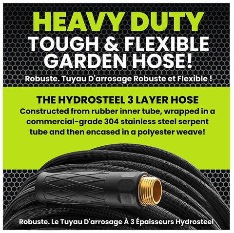 HydroSteel Pro 8588 Water Hose with Brass Nozzle, 3/8 in, 100 ft L, Rubber/Vinyl, Black