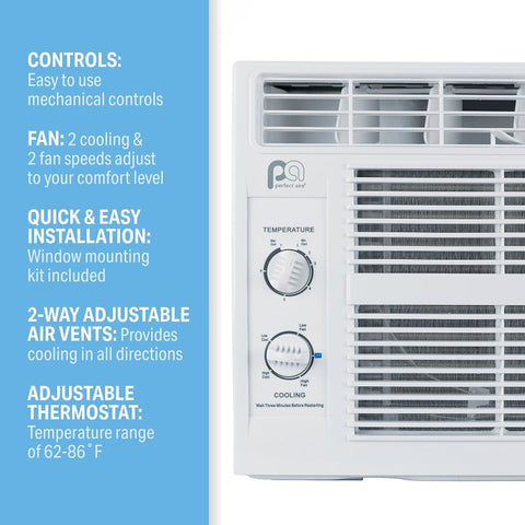 Perfect Aire 5PMC5000 Air Conditioner, 115 V, 5000 Btu Cooling, 100 to 150 sq-ft Coverage Area, Mechanical Control