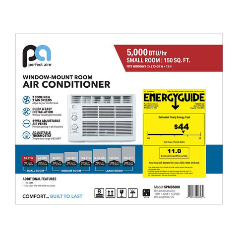 Perfect Aire 5PMC5000 Air Conditioner, 115 V, 5000 Btu Cooling, 100 to 150 sq-ft Coverage Area, Mechanical Control