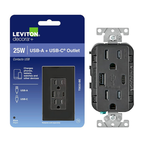Leviton T5633-R05-0BE Outlet with USB Port, 15 A, 125 V, 2-USB Port, Type A, C USB, NEMA: NEMA 5, Black