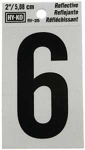 Hy-Ko RV-25/6 Reflective Sign, Character: 6, 2 in H Character, Black Character, Silver Background, Vinyl, Pack of 10