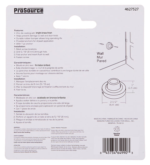 ProSource LR-005-PS Door Stop, 2-1/2 in Dia Base, 2-1/2 in Dia Base x 1 in H Projection, Steel & Rubber