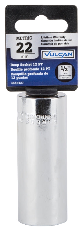 Vulcan MT6528983 Drive Socket, 22 mm Socket, 1/2 in Drive, 12-Point, Chrome Vanadium Steel, Chrome