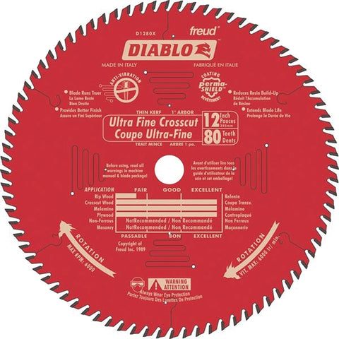 Diablo D1280X Circular Saw Blade, 12 in Dia, 1 in Arbor, 80-Teeth, Carbide Cutting Edge