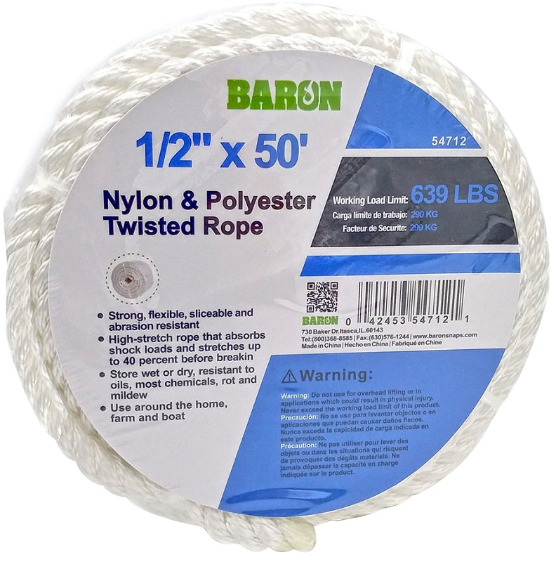 Baron 54712 Rope, 1/2 in Dia, 50 ft L, 639 lb Working Load, Nylon, Whi ...
