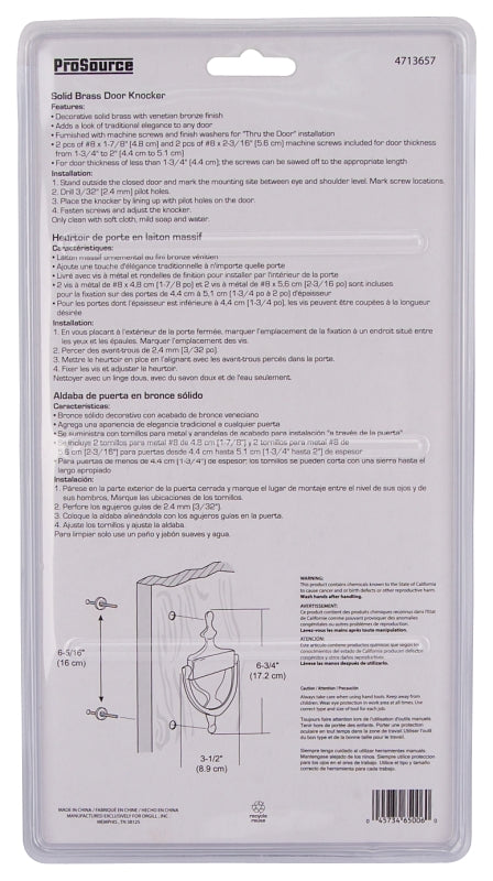 ProSource HR4004VB-PS Door Knocker, Brass, Venetian Bronze, 6-5/16 in Mounting Hole Center to Center
