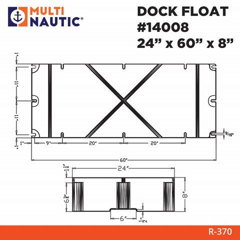 Multinautic 14008 Dock Float, 60 in L, 24 in W, 8 in H, Polyethylene, Black