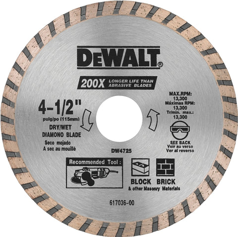 DEWALT DW4725 Circular Blade, 4-1/2 in Dia, 7/8 in Arbor, Diamond Cutting Edge