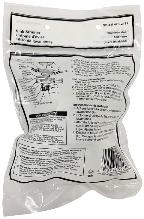 ProSource 8039CP-3L Basket Strainer Assembly, 4.4 in Dia, For: 3-1/2 to 4 in Dia Opening Sink