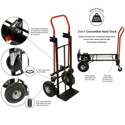 Milwaukee Hand Truck CHT2N1 Convertible Hand Truck, 800 lb, 8 in L Platform, 2-Wheel, Pneumatic Wheel, Steel